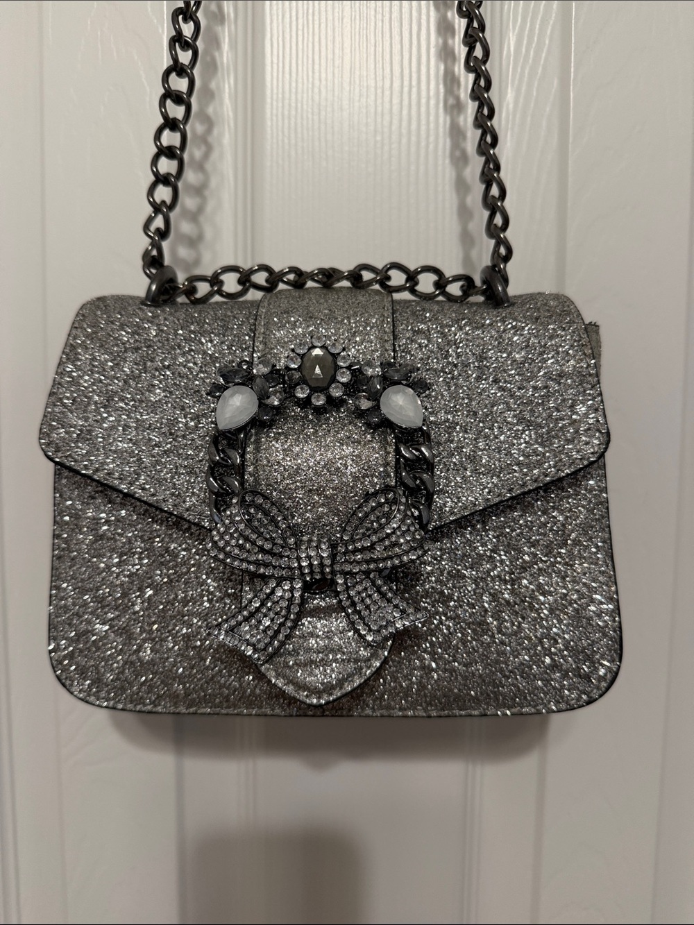 Aldo Silver Glitter Bow Chain Crossbody Bag